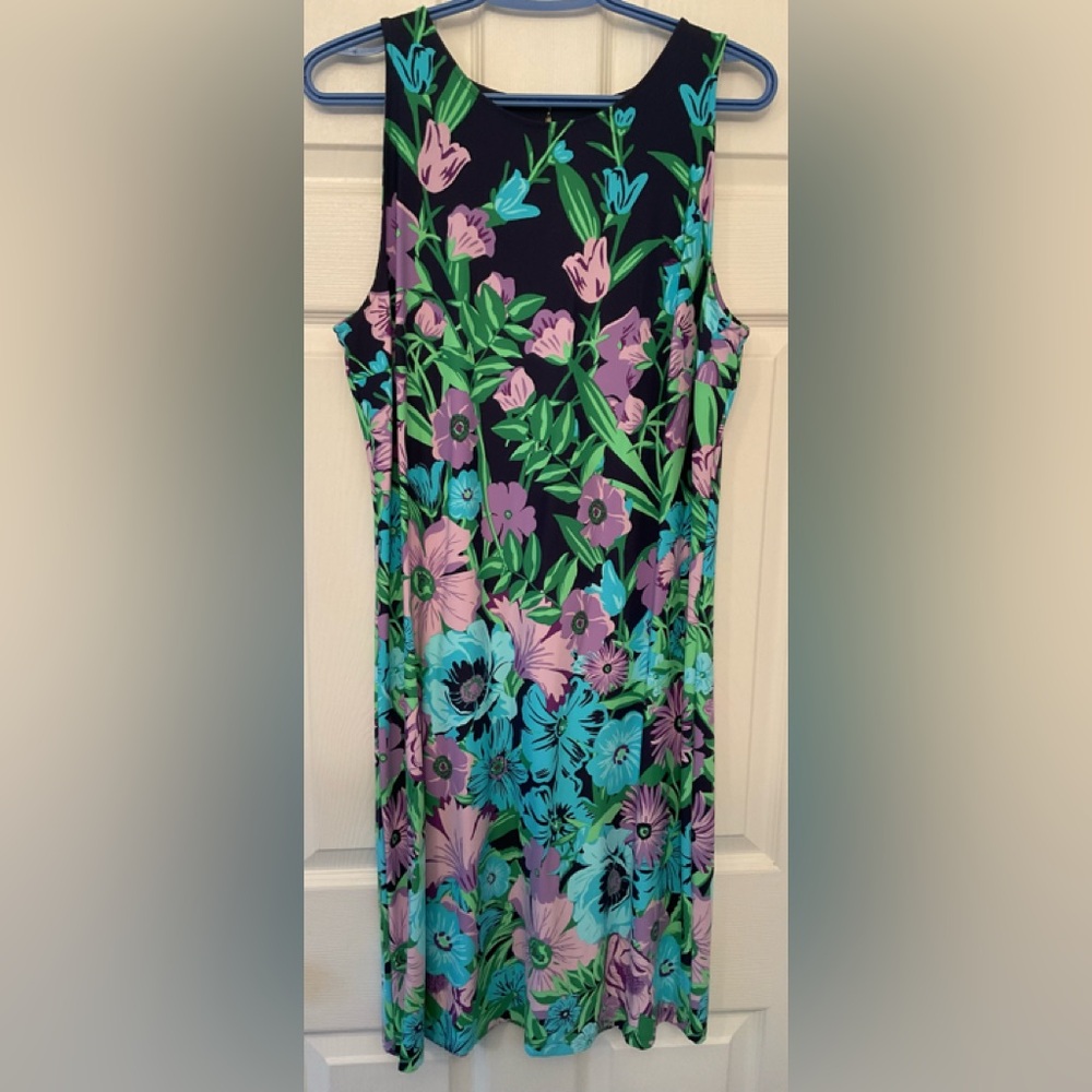 Talbots Navy Floral Jersey Spandex Stretch Preppy Shift Dress